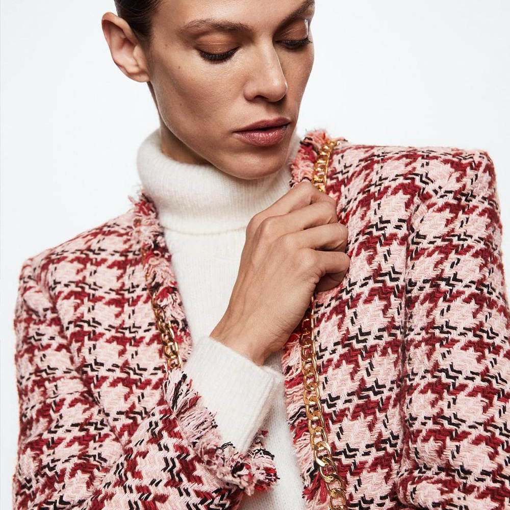 Mango Pink and Red Tweed Blazer